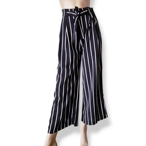 Striped Black & White Paperbag Waist Wide-Leg Pants With Ties